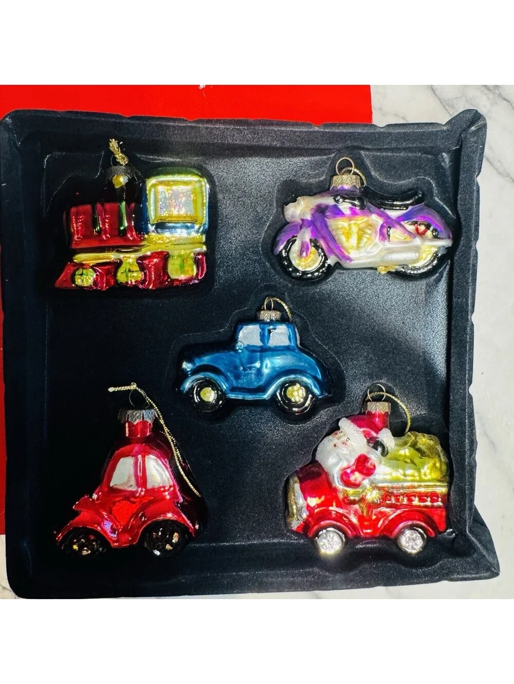 5 NEW Boxed Vintage Glass Ornament Set Train Car Motorcycle Santa Automobile Set
